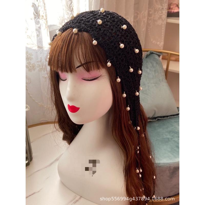 Spring and summer handmade hat women's pearl fringed hook knitted hat retro hollow headgear versatile headscarf hat