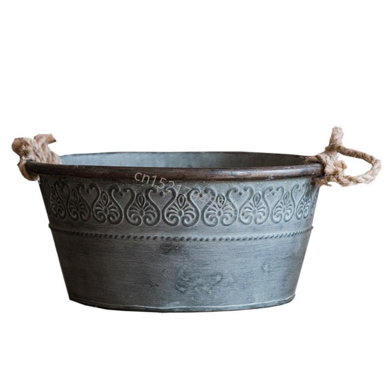 Vintage Metal Round Bucket Planter with Double Handles Rustic Iron Flower Pot Metal Tray for Storage and Farmhouse Decor 6XDE