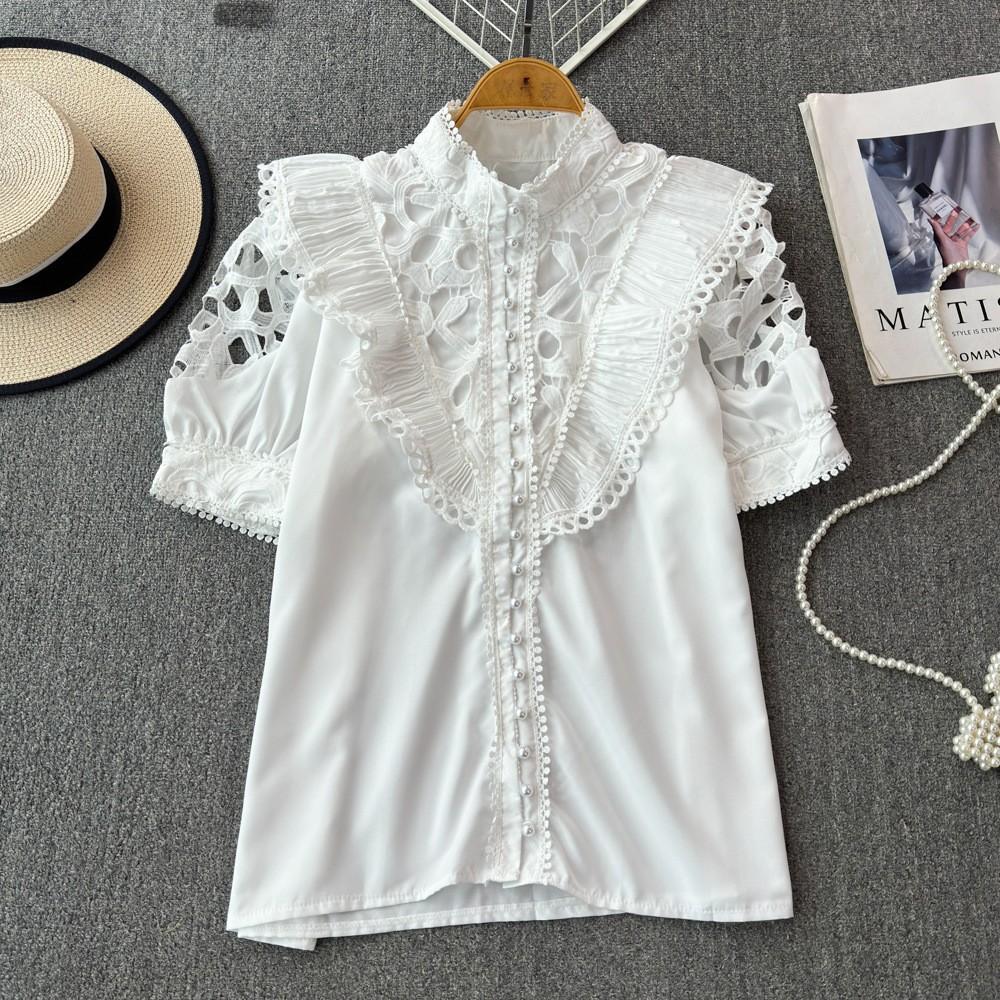 Women's Stand-up Collar Spring Embroidery Shirt Hollow Ruffled Lace Shirt Short-sleeved Solid Colour Ageing Splicing Shirt