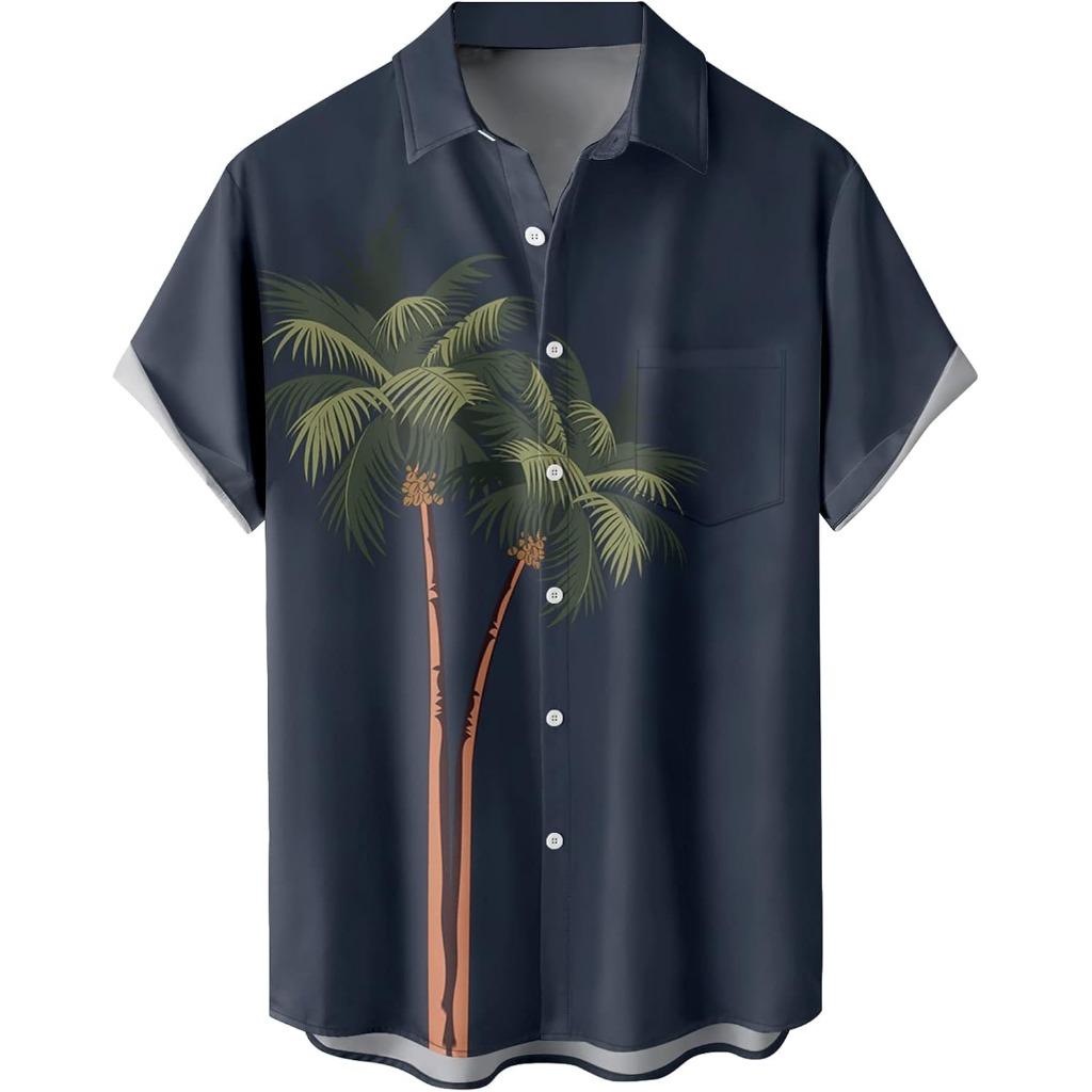 Summer Men's Gradient Sketch Coconut Tree 3D Print Shirt, Retro Hawaiian Tropical Quick-Drying Loose Aloha Shirt