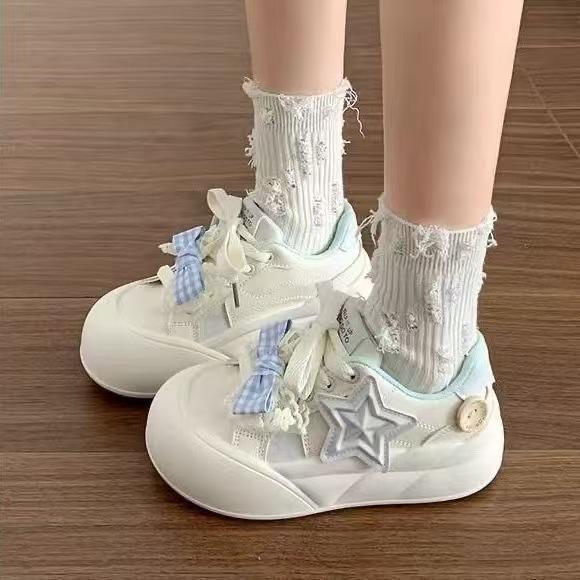 Plateau-Sneaker mit Schleife, süß, lässig, Herbst, neu, süße Sterne, flache Sohle