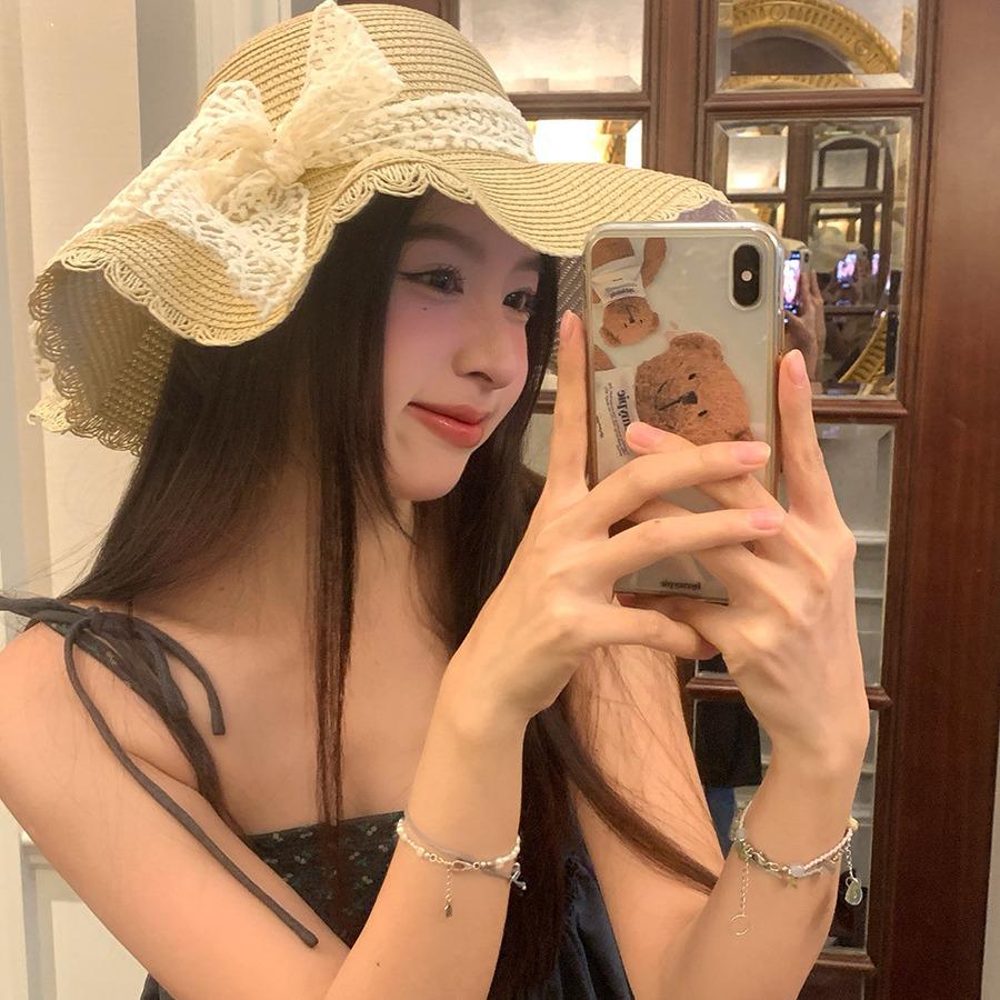 Summer Sunscreen Visor Hat Sweet Bucket Hat Breathable Lace Bow Big Brim Straw Hat Women