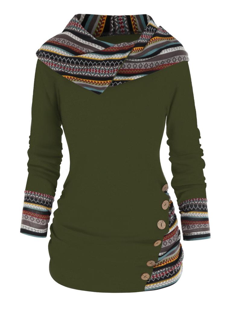 Tribal Geometric Stripe Splicing Hooded Knitted Long Sleeve Button Top Casual Ethnic Sweater Women