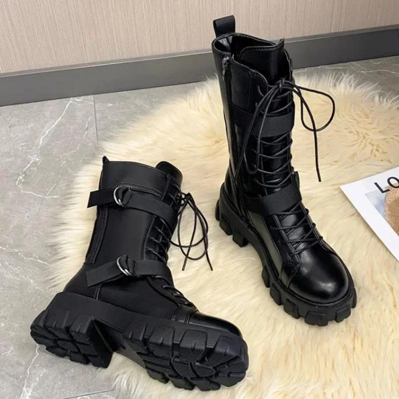 Woman Shoes Designer Mid-Calf Motorcycle Boots Women's Cosplay High Boots Punk Gothic Black Shoes Women Long Knight Boot Zapatos