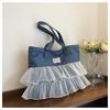 Denim bag women's large-capacity new summer versatile lace pleated shoulder bag student tote bag