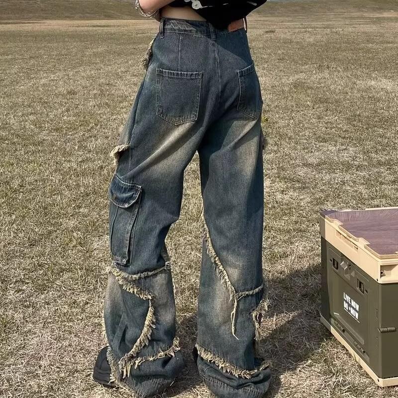 Men's Fringe Ripped Jeans & Women's Cargo Pants with Big Pocket Design - Summer Retro Style.