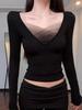Chic Black Gradient V-Neck Mesh Long-Sleeve Base Layer Top for Women