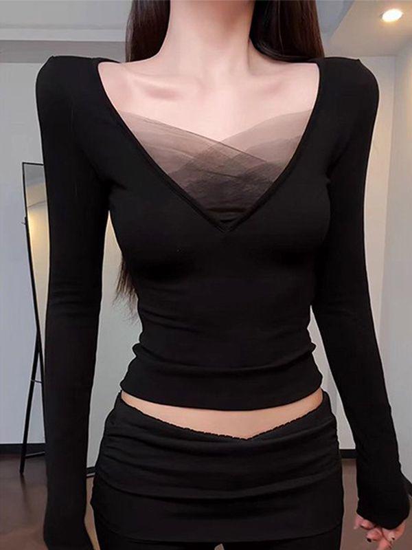

Chic Black Gradient V-Neck Mesh Long-Sleeve Base Layer Top for Women Extra Large чёрный