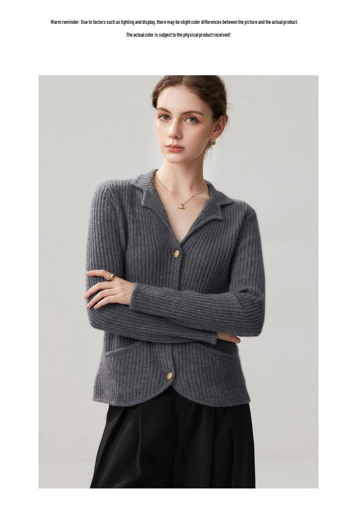 Women's Slim Fit Lapel Cashmere Cardigan - Autumn/Winter 2026 Striped Single-Breasted Elegant Base Layer