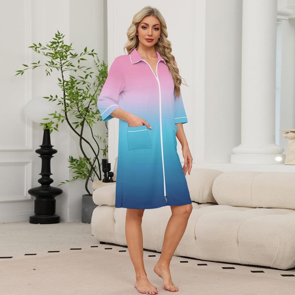 Women's Zip Front Lightweight Robe with Pockets - 3/4 Sleeve Knee Length Bathrobe and Loungewear