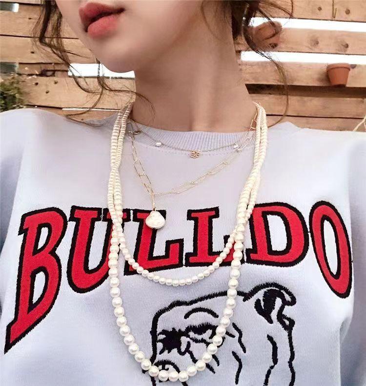 Triple layer stacked glass bead long necklace wedding dress street shot cheongsam sweater chain Internet celebrity explosion female