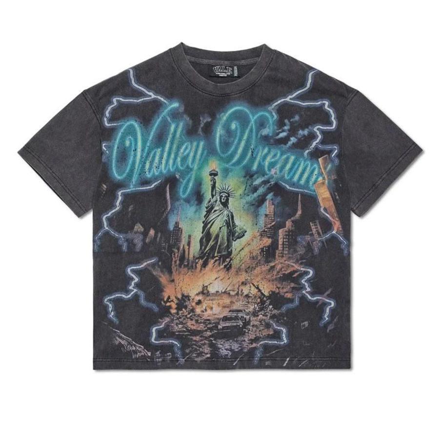 T-shirt Oversize Streetwear Retrò Americana con Stampa Scura e Effetto Usurato