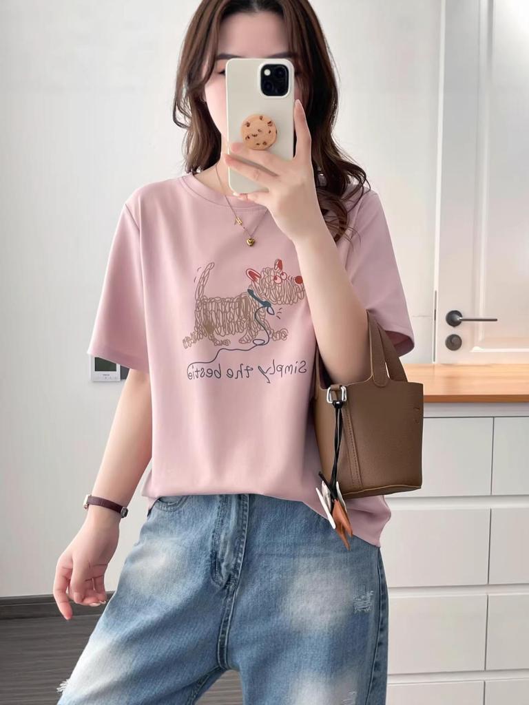 Korean Cute Graffiti Puppy Print Plus Size Women's Round Neck T-Shirt, Short Sleeve, Loose Fit