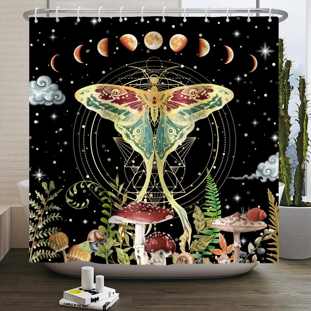 Butterfly Moth Moon Phase Shower Curtain Mushroom Floral Sun Star Plant Flower Goth Witchy Waterproof Bathroom Curtain Home Deco