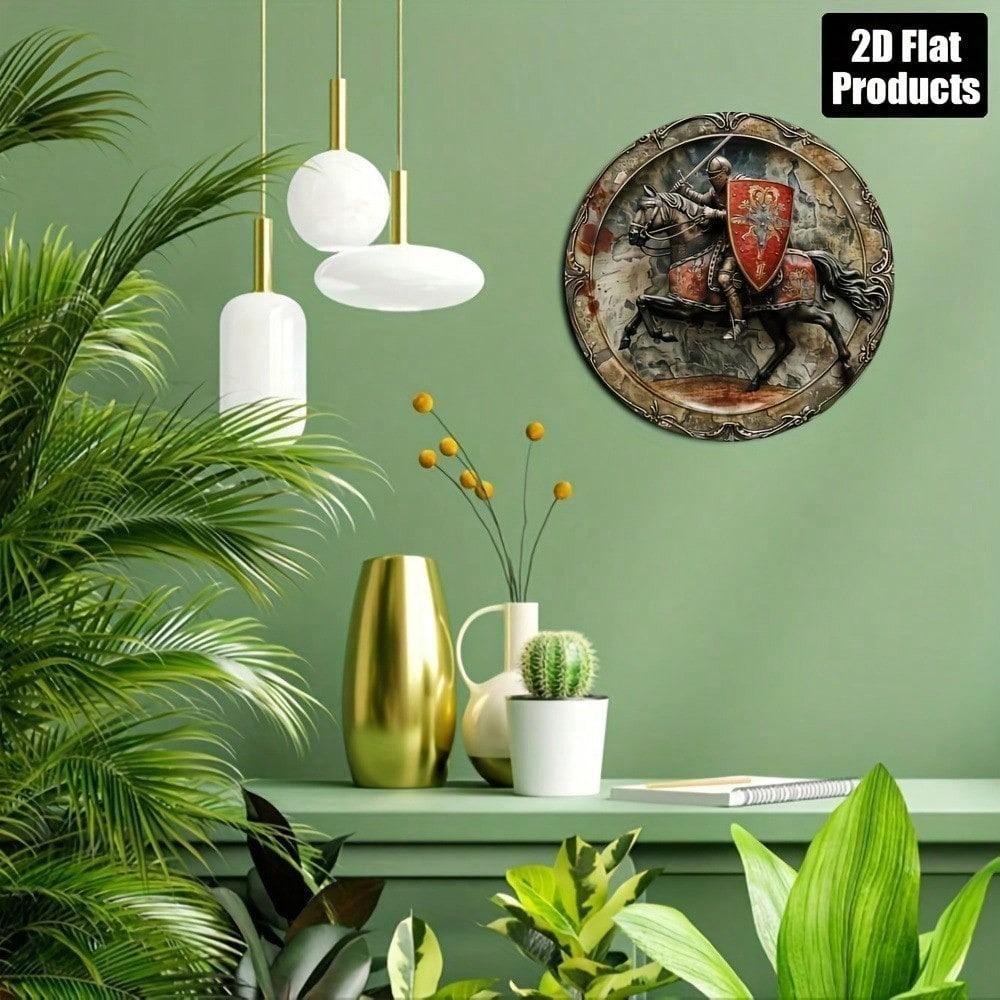 Arte da Parete Rotonda Cavaliere Metallico Rustico, Segno in Alluminio 8x8 per Arredamento Casa Bar Caffè