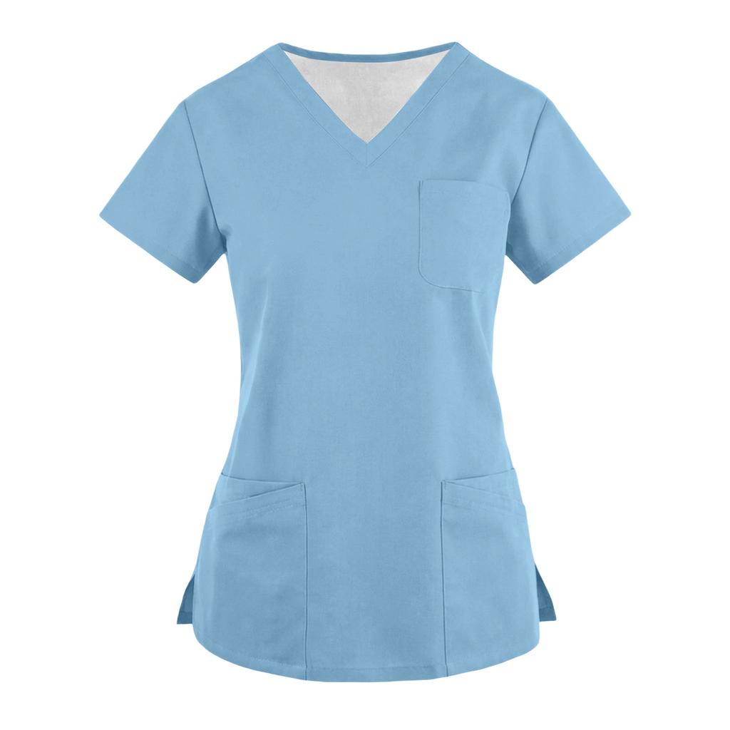 Women's Fashionable Loose-Fit Short-Sleeve V-Neck Pocket Blouse With Slit