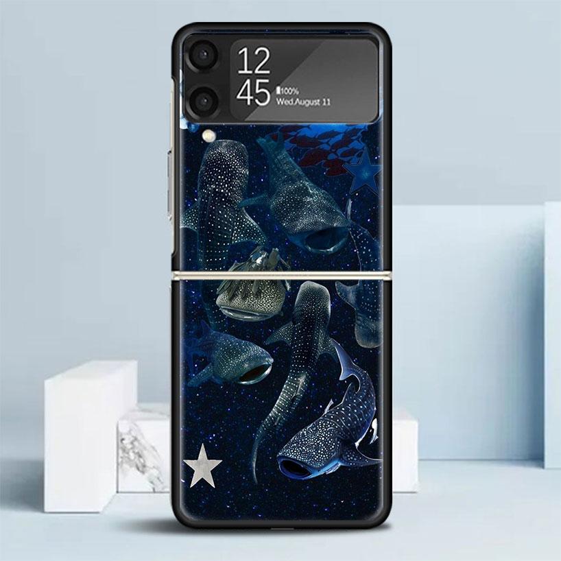 Ocean Whale Shark Black Cover for Samsung Galaxy Z Flip 7 6 5 4 3 5G Phone Case Flip7 Flip6 Flip5 Flip4 Flip3 Pattern Case Galax