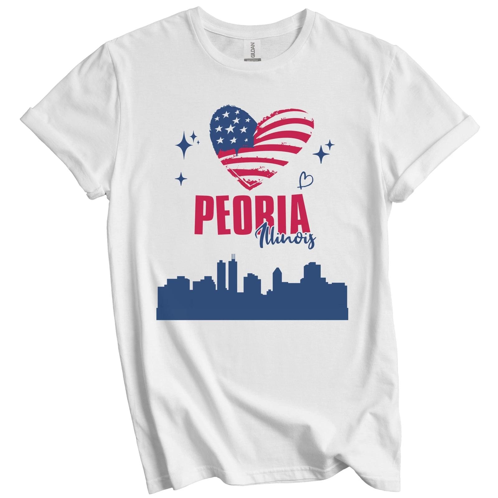 Peoria Illinois Skyline American Flag Heart 4th of July T-Shirt XL