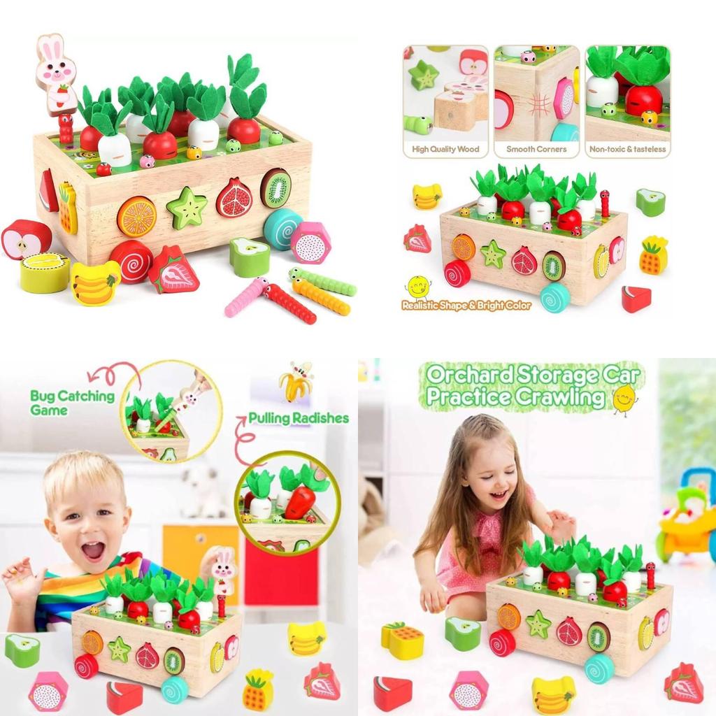Childrens Wooden Paired Insect Catching Carrot Pulling Fruit Toy For Daily Gift