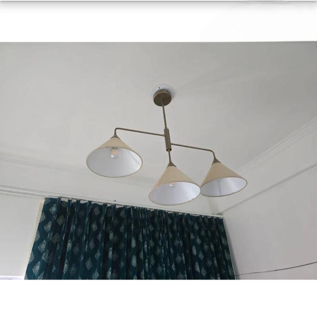 Raw Brass Pendant Light Mid Century Modern 3-Light Ceiling Pendant Fabric Shade