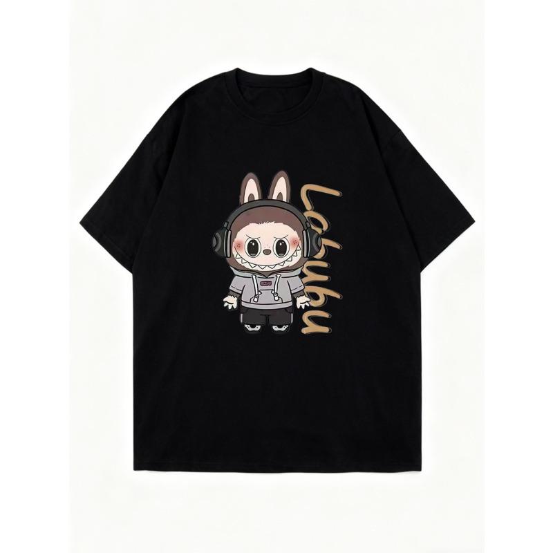 Oversized T Shirt Black Cartoon Rabbit With Headphones And Lolubu Text Print Casual Streetwear For Women
