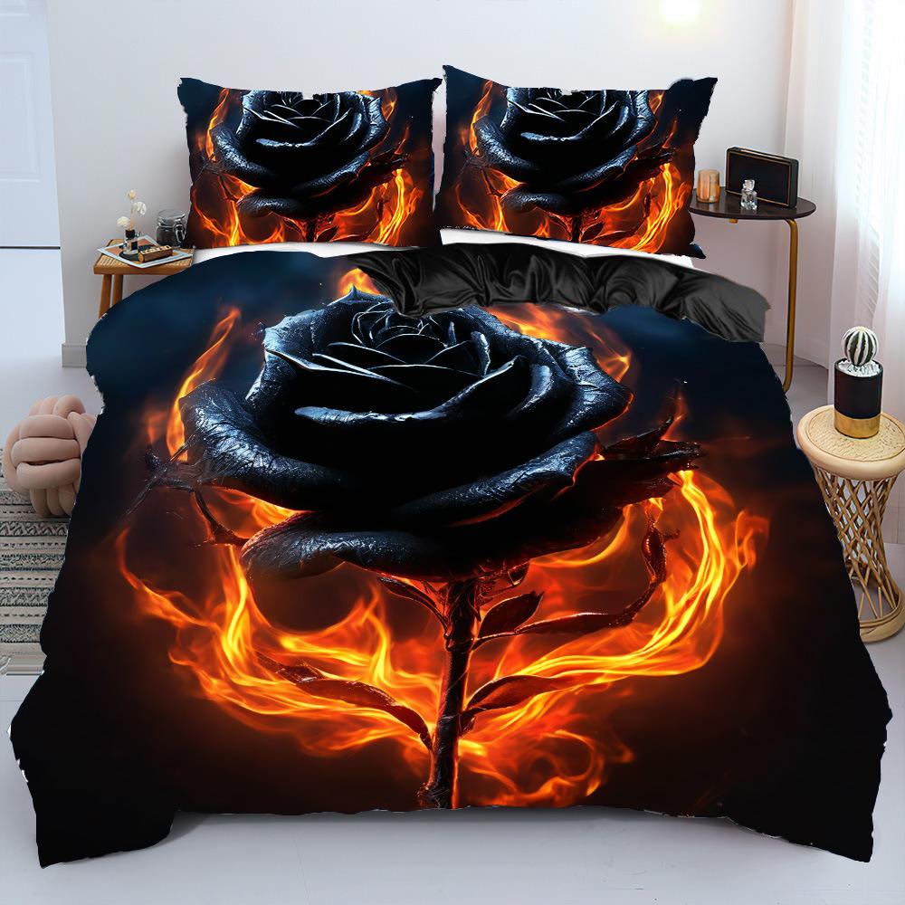 Three-Piece Flame Rose Series Quilt Cover 3D Digital Printing Bedding Kit