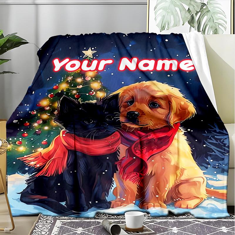 1PC Custom Name Christmas Cats Dogs outdooor Flannel blankets Throw Blanket All-Season Throw Gift Bedspread for Couch, Bed, Camping Holiday Birthda