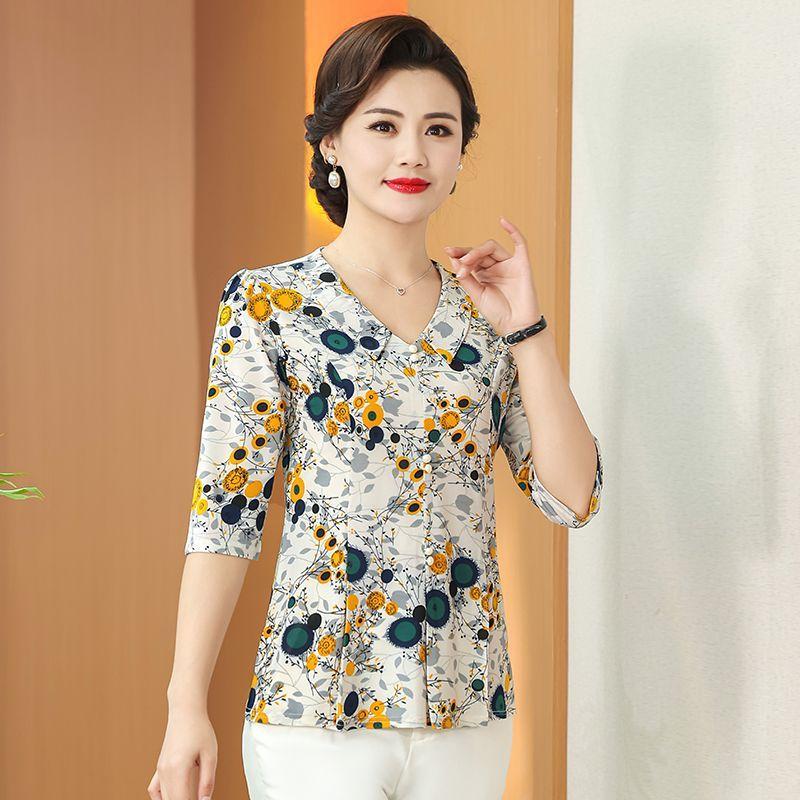 New Summer Fashion Print Loose Middle Aged and Elderly Slimming Stylish Mom's 3/4 Sleeve Top T-shirt