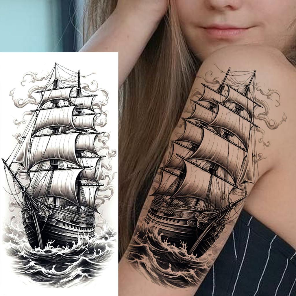 1 Foglio Impermeabile Nave Pirata Vela Tatuaggi Temporanei Per Uomo Donna Bussola Realistica Orologio Tatuaggio Finto Adesivo Lunga Durata
