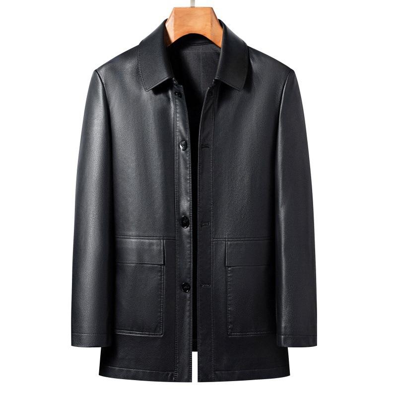 Leather Jacket Men's Autumn Sheepskin Middle-aged and Elderly Plus Velvet Leather Jacket Dad's Button Lapel Jacket