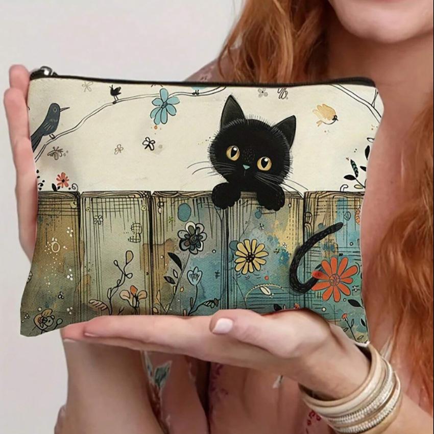 Cat, Strawberry Girl, Friendship Pattern, Travel Supplies Bag, Waterproof Polyester Zipper Bag, Cosmetics, Accessories