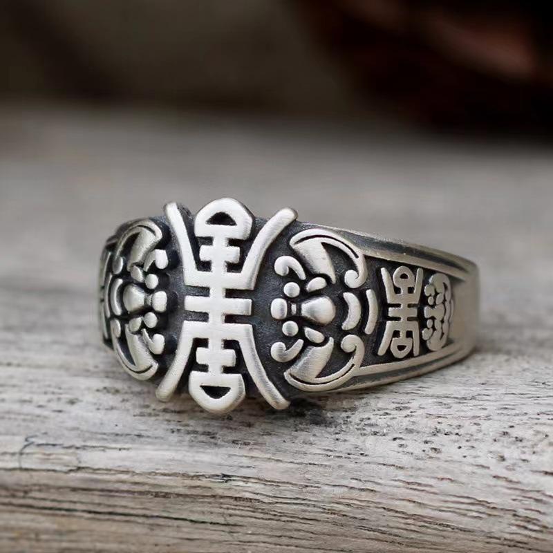 

Кольцо Fu Shou в стиле ретро, ​​тайское серебряное кольцо с персонажем Shou, универсальное для мужчин и женщин, бесцветное ностальгическое открытое кольцо в этническом стиле