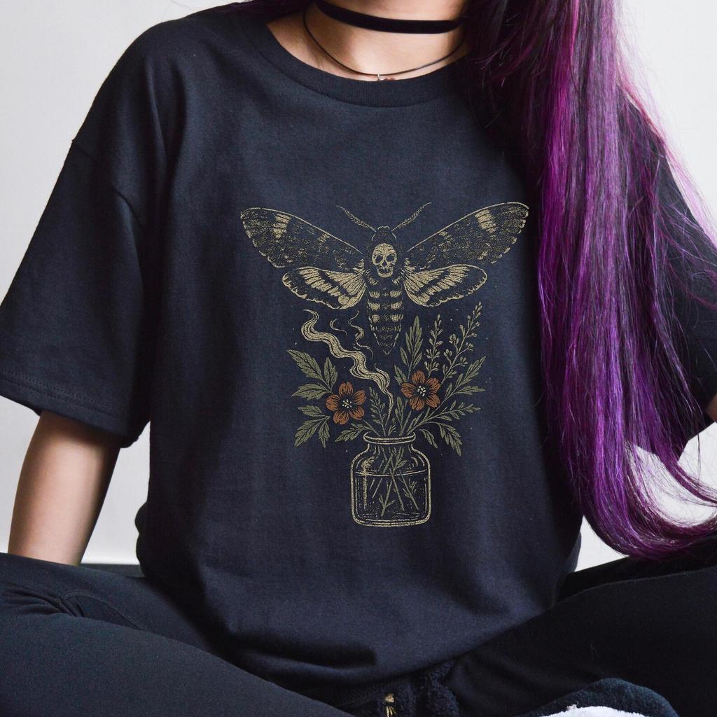 Death Moth Skull T-Shirt, Witchy Gothic Floral Graphic Tee