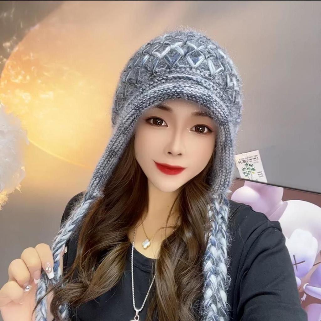 Women's Hat New Arrivalknitting Hat Plaidfall and Winterfashion Wheat Thickenedheattecheasiest for Match Ear Protection Tassel Hat