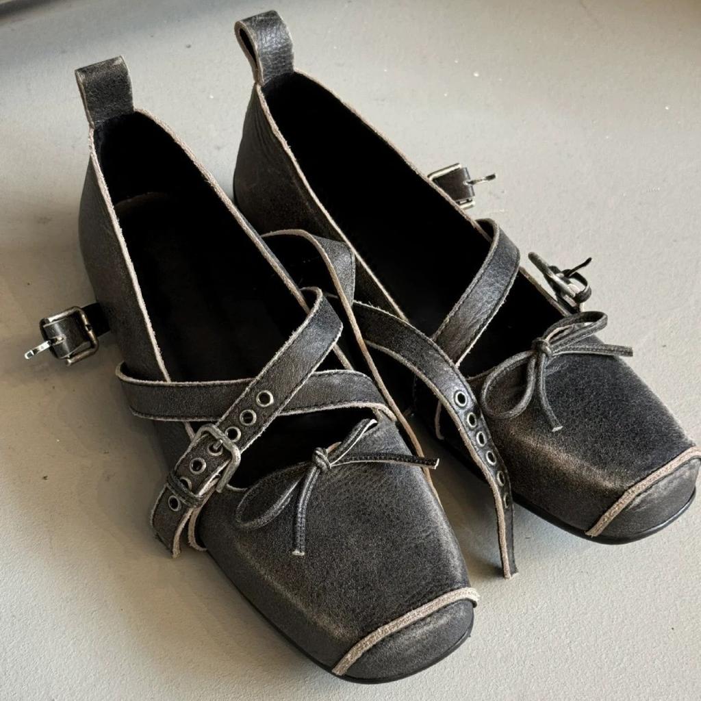 Cowhide version~ French square head bow light ** fork strap flat ballet shoes women's autumn Mary Jane single shoes