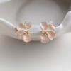 French Vintage Pink Floral Earrings Blossom Studs with Rhinestones Daily Jewelry PD2468