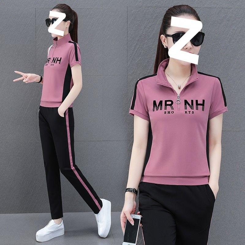 Plus Size Suit Women's Summer Fashion Stand-up Collar Sweatshirt Running Short-sleeved Sportswear Casual Two-piece Set
