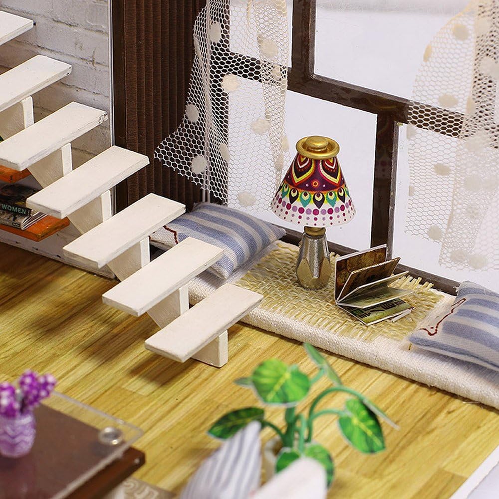 Caro Dollhouse Miniature DIY Kit Modern Two-Story House with LED Light and Acrylic Case Interior Model Room