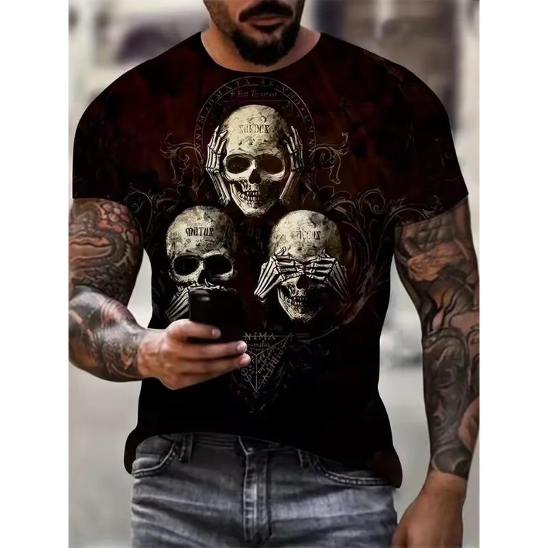 Men's 3D Horror Skull Print T Shirt Casual Comfortable Round Neck Short Sleeve Tee Pullover T-shirt Top Street Fashion Clothing