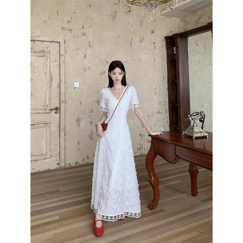 Kumikumi French Style Embroidered Lace Three-Dimensional Flower Short Sleeve Dress Women Summer Temperament Slim Fit Slimming Long Dress