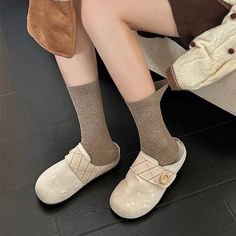 Simple Basic Solid Color Fine Vertical Striped Medium Tube Socks Season Wear With Birkenstocks Stacking Socks
