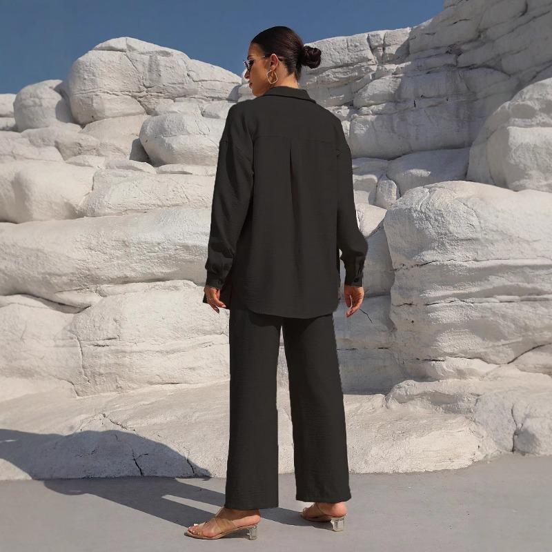 YYFS Damemote Uformelt Vår Høst Ensfarget trykk Langermet POLO Neck Bukser Bukser Drakter