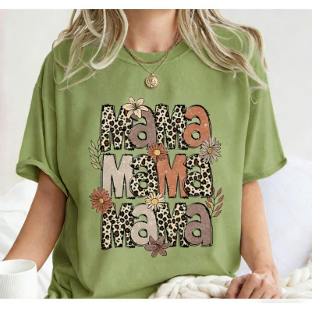 Funny Leopard Letter Mama Flower Print Kids Short Sleeves T-Shirt Loose Casual Summer Outdoor Street Boy and Girl Tees Tops