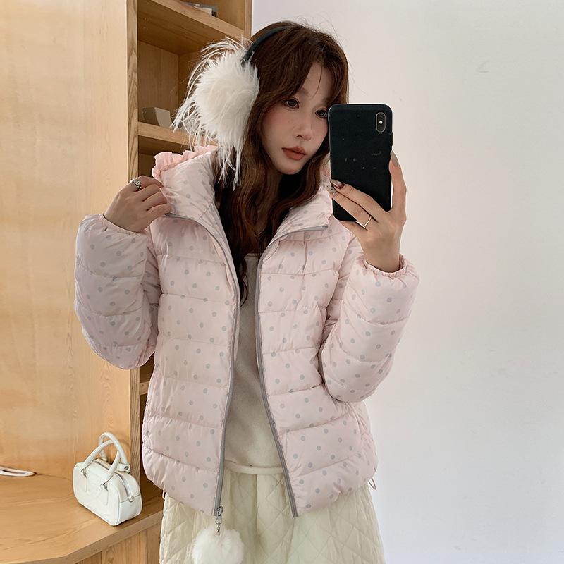 Sweet polka dot ribs hooded down cotton-padded clothes women's winter new short printed cotton-padded jacket