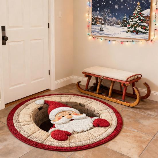 Christmas 3D Rug Optical Illusion Santa Claus Round Floor Mat Non-Slip Xmas