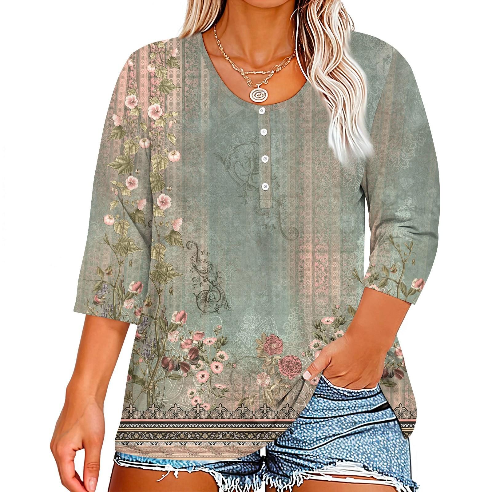 

Рубашки с рукавом 3/4 для женщин, футболки с рисунком и пуговицами, блузки с v-образным вырезом, повседневные базовые топы больших размеров, пуловеры XXXXL