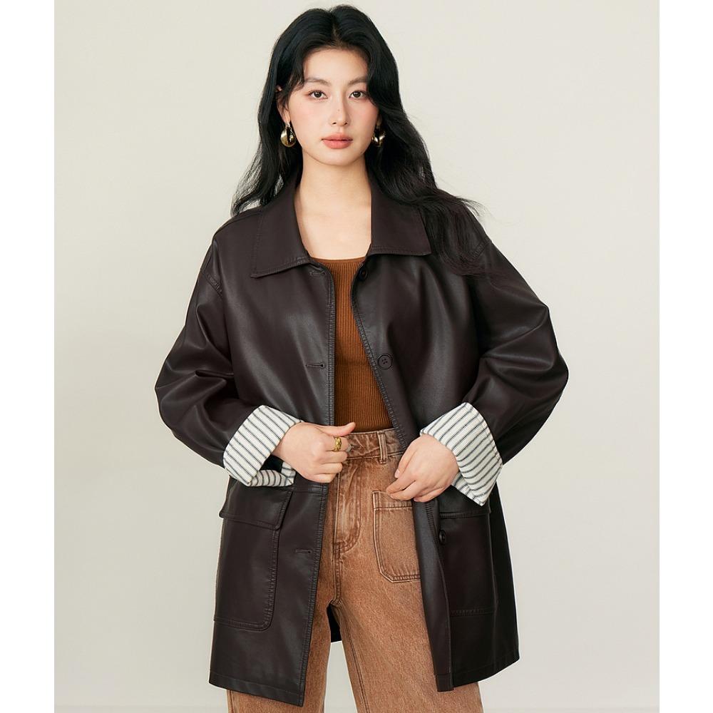 

DIMANAF 2025 Autumn New PU Leather Jacket Striped Women Coat Patchwork Coat Pockets Coat One Size темно-коричневого кольору