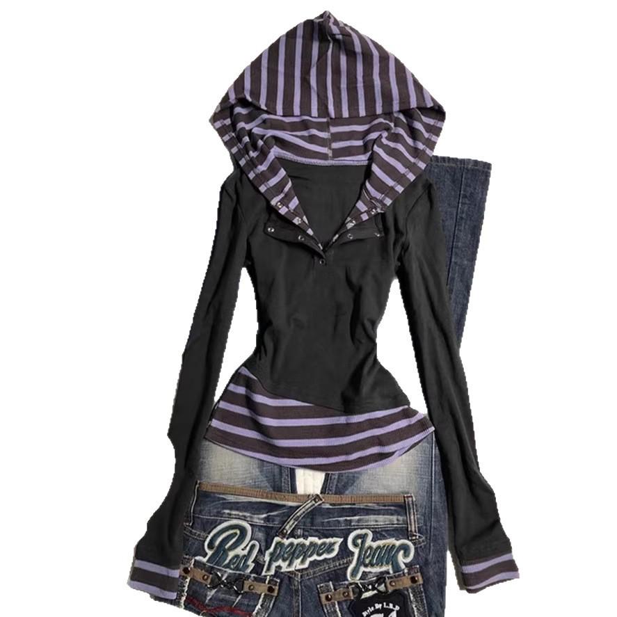 American Street Style Women's Slimming Faux Two-Piece Long-Sleeve Hoodie with Patchwork Stripes