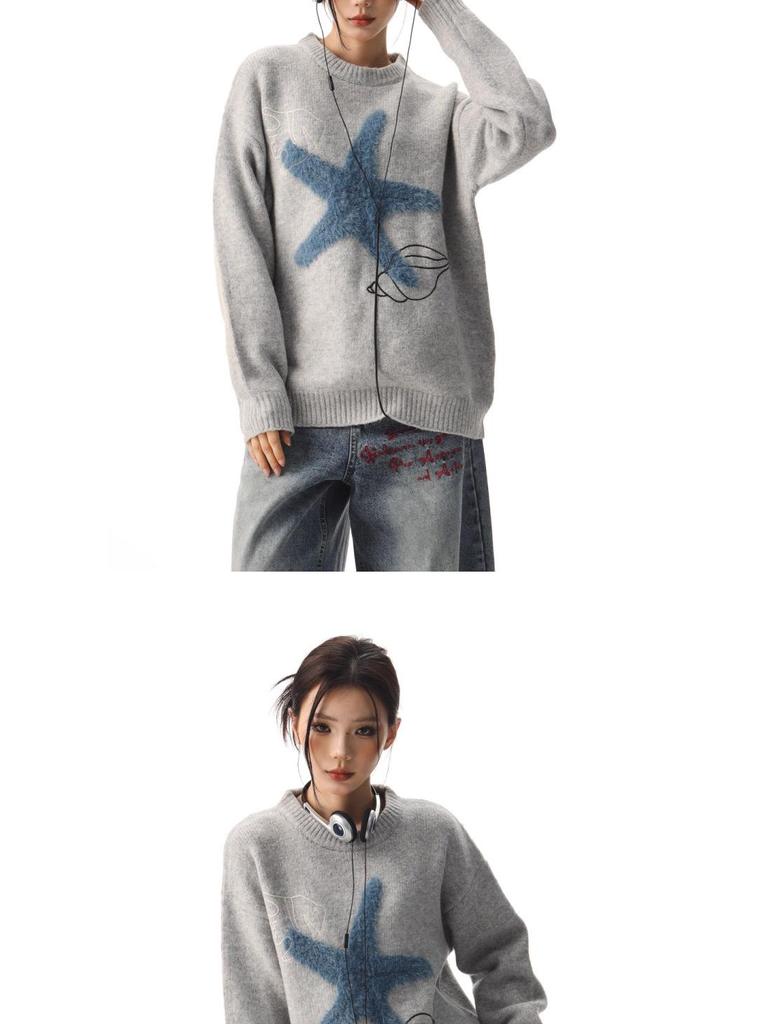 CTB Retro Sweter z Gwiazdą Piwną i Rozgwiazdą - Unisex Luźny Krój z Haftem Muszli na Jesień/Zimę