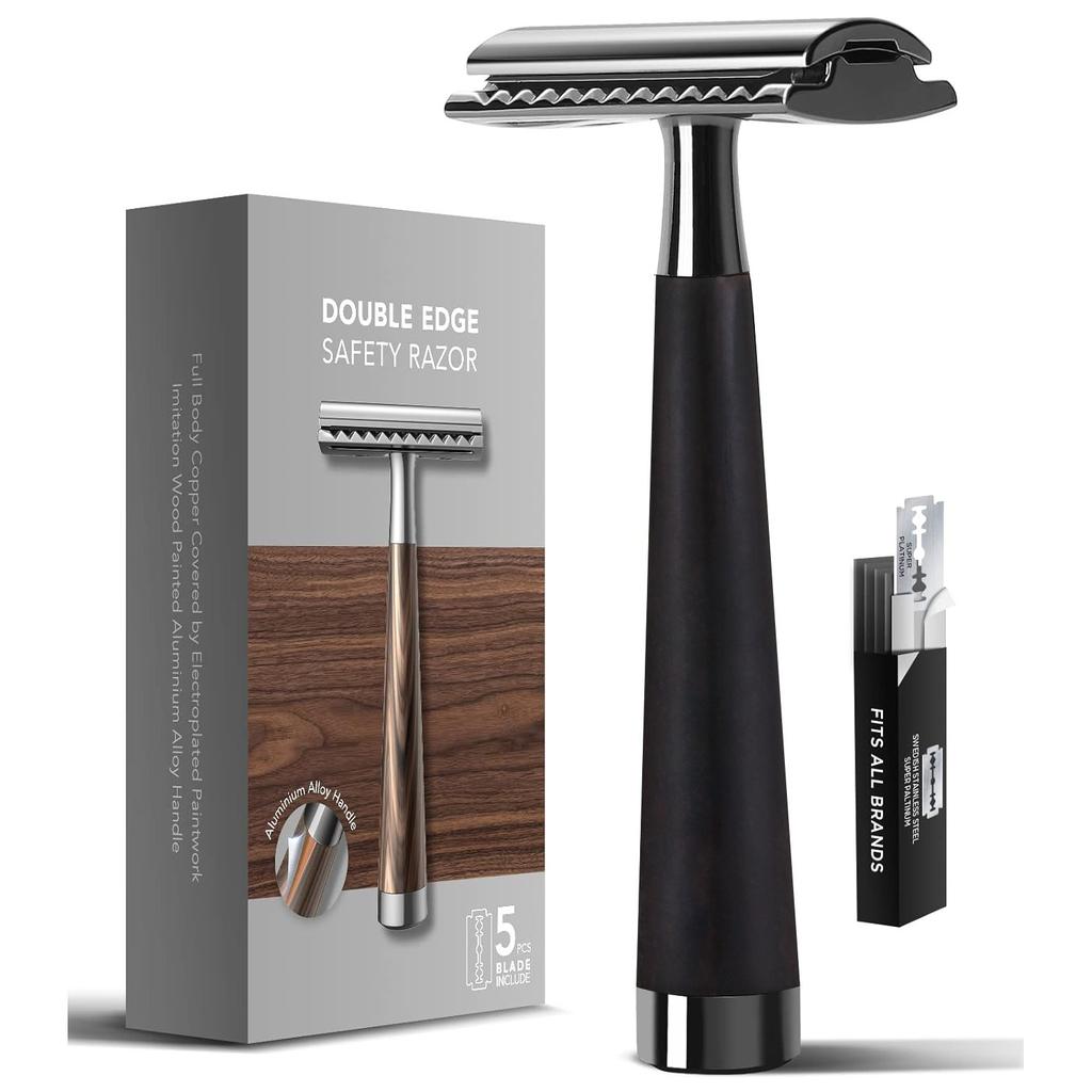 Double Edge Safety Razor Handle Razor with 5 Blades Heavy Duty Eco-Friendly Razor Replaceable Blade